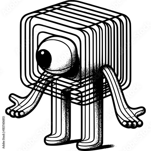 Abstract Cuboid with Eye: An abstract, geometric cuboid character, featuring a singular large eye and minimalist limbs, poses with an inquisitive demeanor.