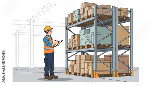 Warehouse Worker Inspecting Inventory on Shelving System