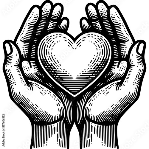 Giving Heart: A pair of hands tenderly cradling a heart symbol, embodying compassion, care, and the act of giving in a profound visual representation.