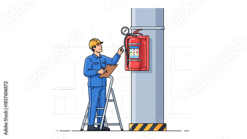 Worker Inspects Fire Safety Equipment on Ladder Next to Industrial Pole