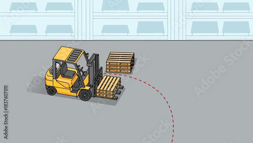 Yellow Forklift Moving Wooden Pallets in Industrial Warehouse Bay