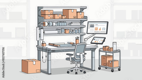 Modern Fulfillment Center Workspace with Packing Station Boxes and Digital Displays for E commerce Fulfillment