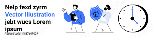 Cybersecurity, privacy protection, time management, efficient planning, data security, teamwork. Two individuals, one holding a shield a clock icon . Cybersecurity and time management concept
