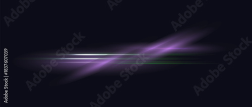 Realistic light wave with purple glow and green horizon line effect. Abstract flare lens effect on dark background vector illustration
