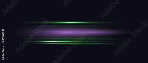 Abstract horizontal purple and green motion light rays on dark background. Speed concept. Vector illustration for banner, poster, wallpaper