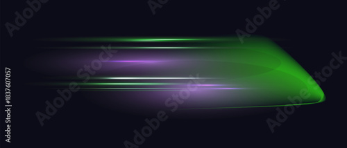 Speed light streak effect with lens flare on dark background. High speed train concept. Vector illustration for banner, poster, design template