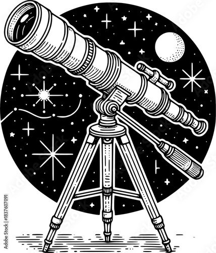 Stargazing Explorer: An illustrated telescope poised beneath a night sky dotted with stars and a radiant moon, inviting exploration of the cosmos.