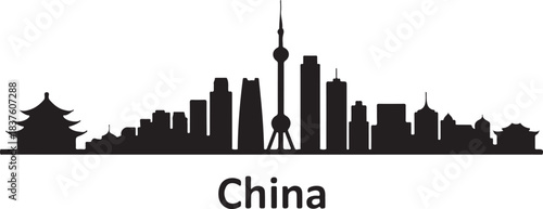 The black silhouette portrays China's famous buildings and landmarks within its urban skyline
