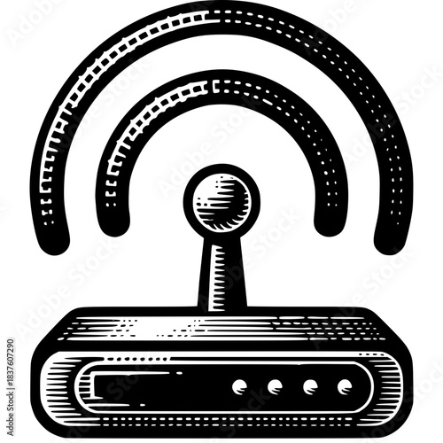 Wireless Signal Strength: A stylized illustration of a wireless router emitting signal waves, symbolizing connectivity and digital communication in a modern, streamlined aesthetic.