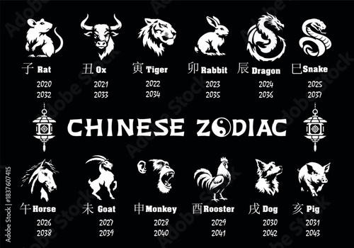 Chinese zodiac animals chart with twelve animal symbols, years and chinese characters, black and white vector illustration with lantern and yin yang, asian astrology and lunar calendar design