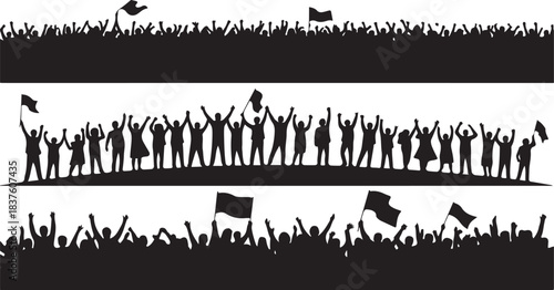 Silhouettes of enthusiastic crowds celebrating with raised hands and waving flags showcase energy and excitement