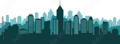 Silhouetted teal cityscape demonstrates modern urban structures, showing buildings against a clear background