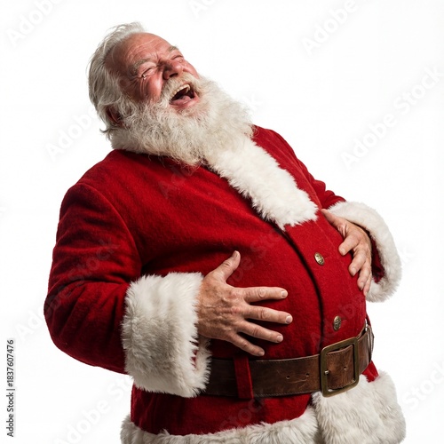 Jolly Santa Claus laughing hysterically holding belly isolated on white.