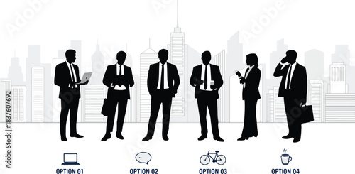Diverse business silhouettes showcase various actions before a gray city skyline, presented with options