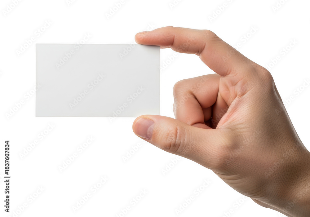 Obraz premium Hand holding a blank white business card isolated on transparent background