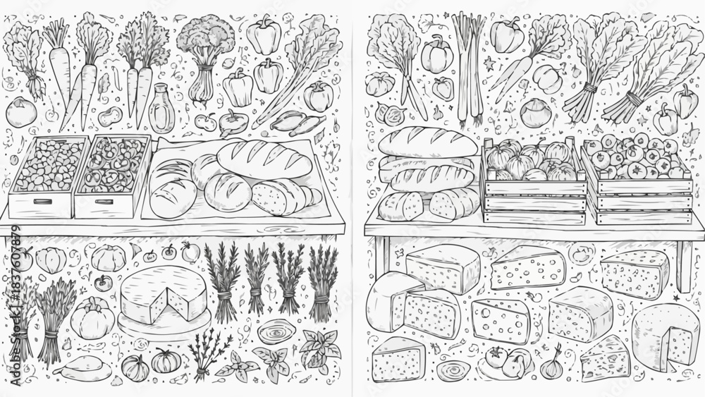 Fototapeta premium Hand-drawn illustration of a bustling farmers market stall with fresh produce, bread, and cheese.