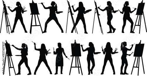Aesthetic collection of female artist silhouettes painting on easel vector illustration, diverse woman painter posing with brush and palette, creative art studio inspiration for