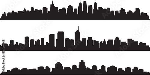 Three black city skylines stand in silhouette on a white background, isolated here