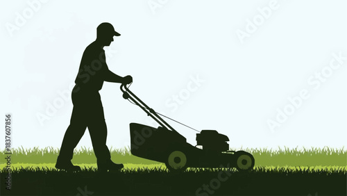 Silhouette of a man mowing a lawn with a push mower.