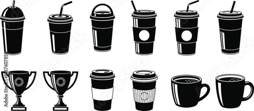 🖼️ Image Title: Beverage Cups, Coffee Mugs, and Trophy Icons: Vector Silhouette Collection for Cafes, Sport Events, and Drink Menus, Ideal for Graphic Design Resources