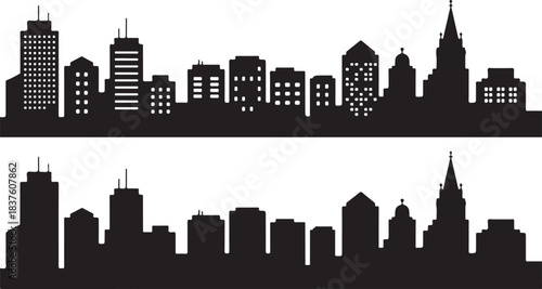 Two black skyline silhouettes display urban building features against a white transparent background
