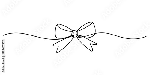 Minimalist one line drawing of a decorative bow with flowing ribbon ends, isolated on, simple continuous line art for elegant design element or divider continuous one line art of vector illustration