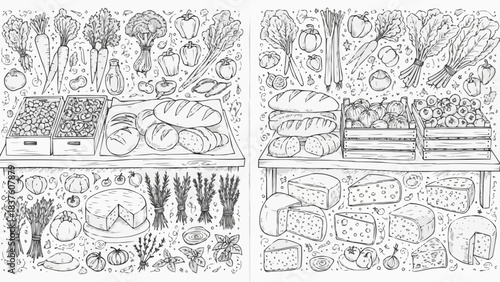 Hand-drawn illustration of a bustling farmers market stall with fresh produce, bread, and cheese.