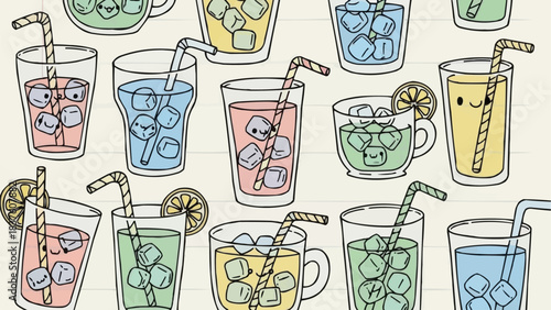 Collection of Refreshing Cold Drinks with Ice and Straws.