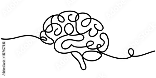 Continuous line drawing of a human brain, single line art representing thought, intelligence, psychology, and creativity, isolated on continuous one line art of vector illustration