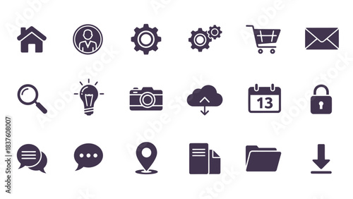 Simple Minimalist Glyph Style Dark User Interface Essential Icon Set