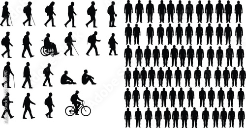 Black Silhouette Vector Collection of People Walking, Hiking, Sitting, and Cycling, Including Figures with Backpacks, Canes, and a Wheelchair, Ideal for Diagrams,