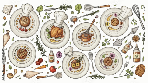 Gourmet dishes and cooking utensils on a white background.