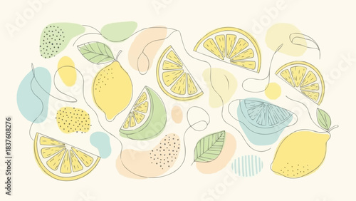 Abstract Lemon and Lime Slices with Leaves and Organic Shapes.