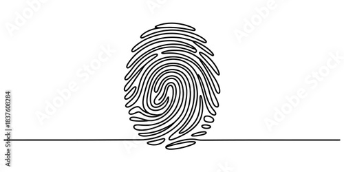 Single line continuous drawing of a fingerprint, isolated on, concept of security, identity, biometrics, and authentication continuous one line art of vector illustration