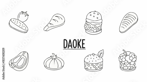 Set of Hand Drawn Food Icons Representing Various Ingredients and Dishes.