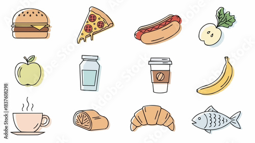 Collection of Hand-Drawn Food and Drink Icons on White Background.