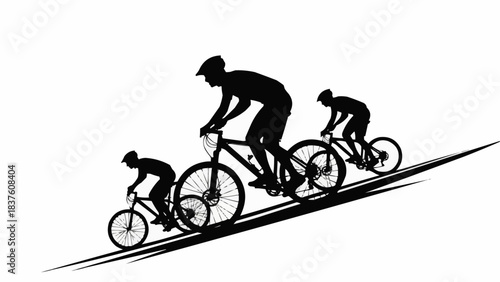 Silhouettes of three cyclists riding uphill, depicting a family or group enjoying a challenging bike ride together.