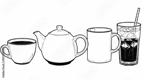 Hand drawn sketch of various beverage containers including a teacup teapot mug and iced drink.