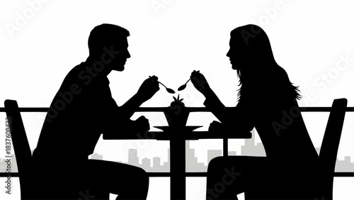 Silhouette Couple Enjoying Dessert Together at a Table.