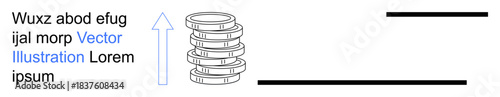 Finance, economic growth, investment, wealth management, progress, business strategy. Stacked coins with an upward arrow and horizontal lines. Finance and economic growth concept