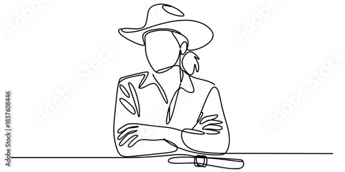One line continuous drawing of a woman wearing a cowboy hat, arms crossed, sitting at a table, isolated on minimalist vector art continuous one line art of vector illustration