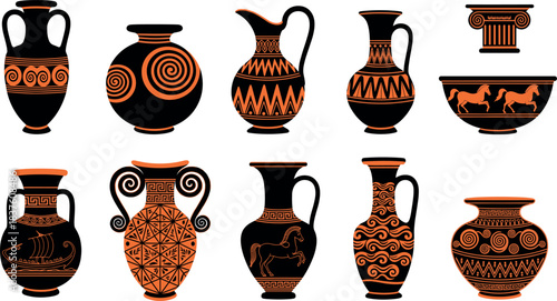 Ancient Greek Pottery Set with Classical Patterns, Mythological Art and Traditional Vase Shapes