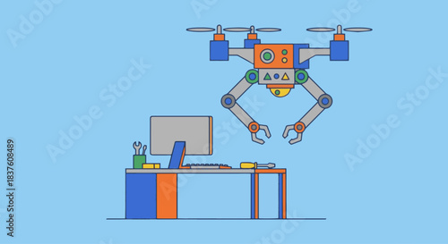 “Flat vector of a drone robot with mechanical arms hovering above a workstation, solid colors, clean geometric shapes.”