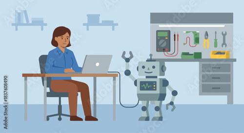 “Robotics engineer programming a robot through a laptop, solid-color flat style, simple lab equipment background.”
