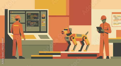 “Flat illustration of a robot dog being tested by engineers, solid color blocks, clean minimal shapes, warm tech palette.”