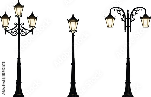 Set of Classic Ornate Vintage Black Street Lamps with Glowing Light, Illustrating Historic Urban and Public Outdoor Lighting.Set of Classic Ornate Vintage Black Street Lamps with Glowing Light