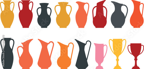 Colorful Vase and Trophy Silhouette Set with Decorative Antique Pot Shapes