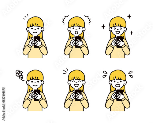 スマートフォンを操作する、いろいろな表情の10代の女性・女子学生のベクターイラスト素材セット