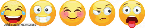 Collection of five popular yellow round emoji faces, laughing tears of joy, exaggerated smile with teeth, blushing happiness, skeptical dubious emotion, and shocked silly tongue out