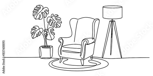Minimalist oneline drawing of a cozy wingback armchair with a potted monstera plant and a modern tripod floor lamp, isolated on continuous one line art of vector illustration